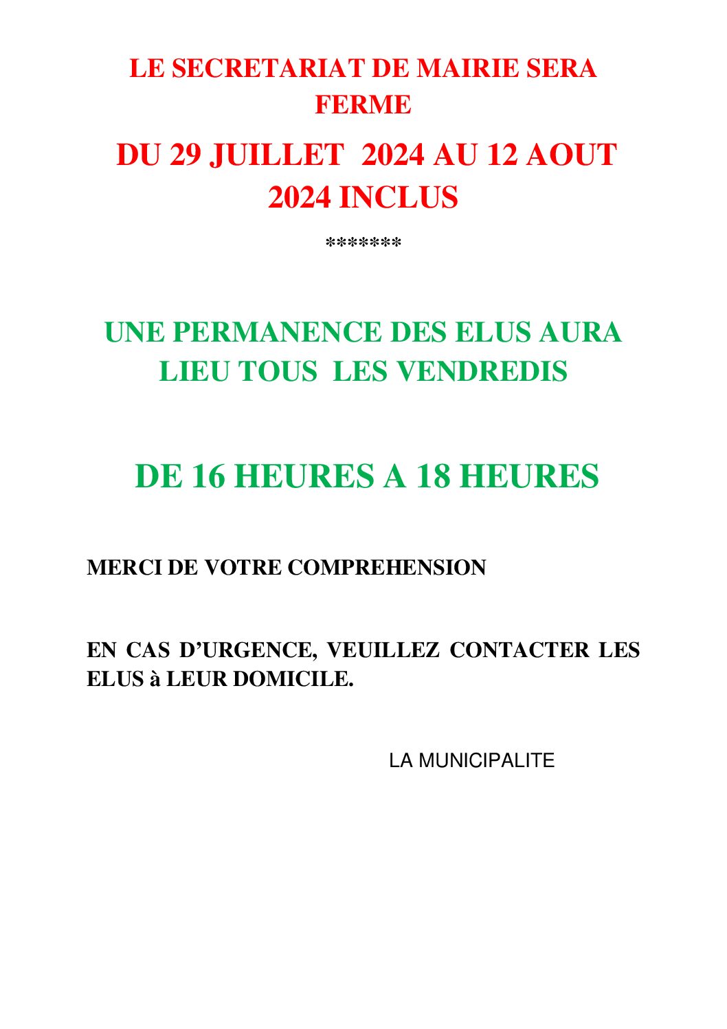 Horaires d’été de la Mairie